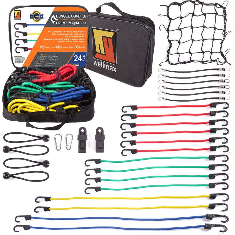 Wellmax Premium Bungee Cord Set with Heavy Duty Hooks and Bonus Accessories - 32 Piece Assortment Bag for Cargo, Camping, and More - Image 1
